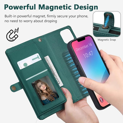 Wallet Case for iPhone 13 Pro Max with Card Holder/Crossbody Wallet/Strap| RFID Blocking | Magnetic | Kickstand | Detachable | PU Leather Phone Case for iPhone 13 Pro Max,6.7 in,Green