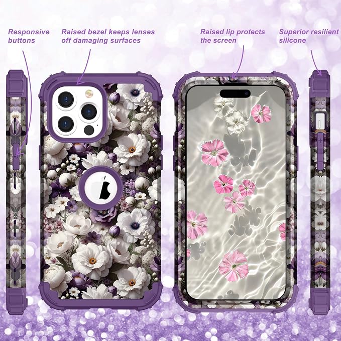 Hocase for iPhone 14 Pro Max Case, Heavy Duty Shockproof Protection Soft Silicone Rubber+Hard Plastic Bumpers Hybrid Protective Case for iPhone 14 Pro Max 2022 - White Flowers