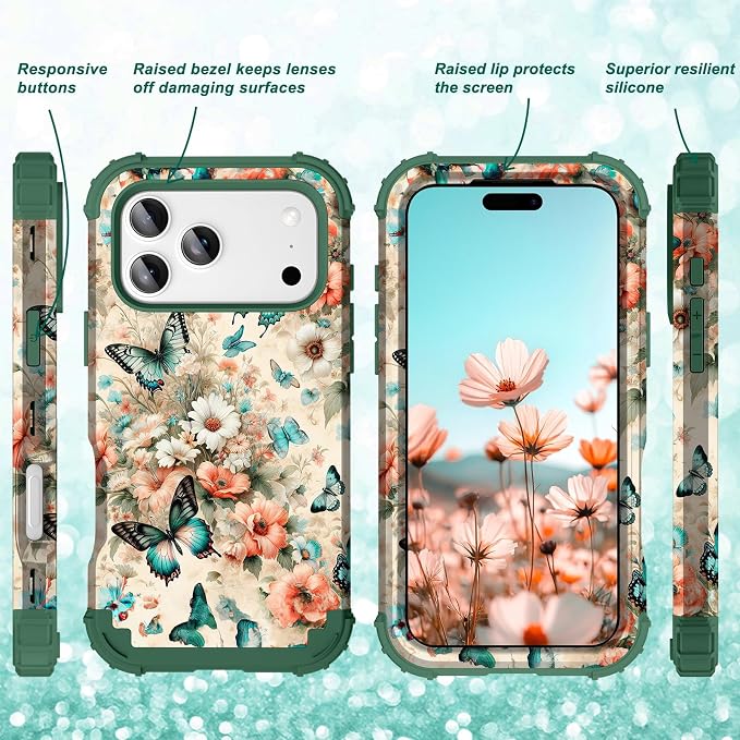 Hocase for iPhone 17 Pro Max Case, Heavy Duty Shockproof Protection Soft Silicone Rubber+Hard Plastic Bumpers Hybrid Protective Case for iPhone 17 Pro Max 2025 - Teal Green Butterflies