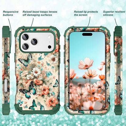 Hocase for iPhone 17 Pro Max Case, Heavy Duty Shockproof Protection Soft Silicone Rubber+Hard Plastic Bumpers Hybrid Protective Case for iPhone 17 Pro Max 2025 - Teal Green Butterflies
