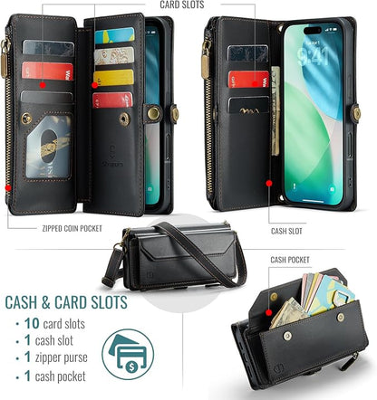 Strapurs Wallet Case Compatible with iPhone Air 6.5" RFID Blocking 10-Card Holder Soft PU Leather Magnetic Snap Shoulder Strap Zipper Pocket Phone Case Fit for iPhone 17 Air for Women - Black