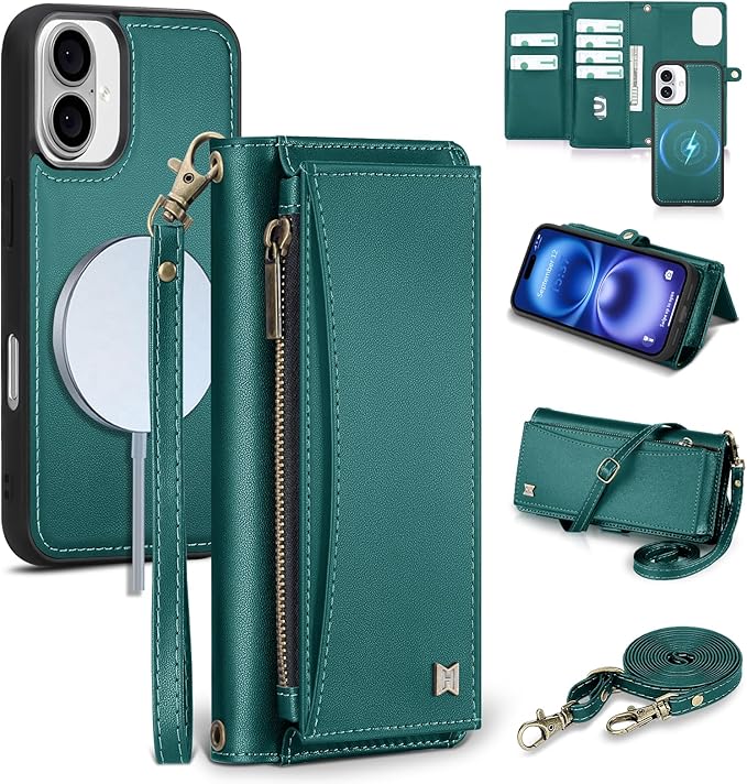 Wallet Case for iPhone 16 with Card Holder/Crossbody Wallet/Strap| RFID Blocking | Magnetic | Kickstand | Detachable | PU Leather Phone Case for iPhone 16,6.1 in,Green