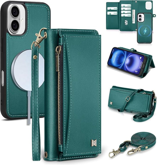Wallet Case for iPhone 16 with Card Holder/Crossbody Wallet/Strap| RFID Blocking | Magnetic | Kickstand | Detachable | PU Leather Phone Case for iPhone 16,6.1 in,Green