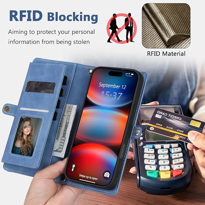 Wallet Case for iPhone 17 Pro Max with Card Holder/Crossbody Wallet/Strap,[RFID Blocking][Magnetic] PU Leather Phone Case for iPhone 17 Pro Max,6.9 in,Dream Sky Blue