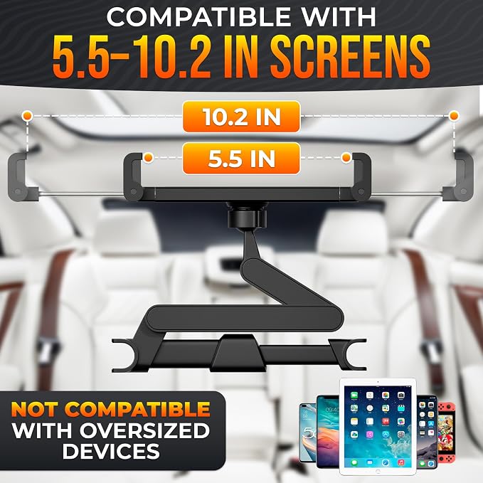 Car Headrest Tablet Holder for 5.5"-11" Devices - Tablet Headrest Mount with 360° Rotation & Charging Port Access - Quick Install & Adjustable Car Tablet Holder Сompatible with Smartphones and Tablets