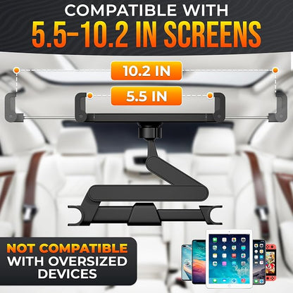 Car Headrest Tablet Holder for 5.5"-11" Devices - Tablet Headrest Mount with 360° Rotation & Charging Port Access - Quick Install & Adjustable Car Tablet Holder Сompatible with Smartphones and Tablets