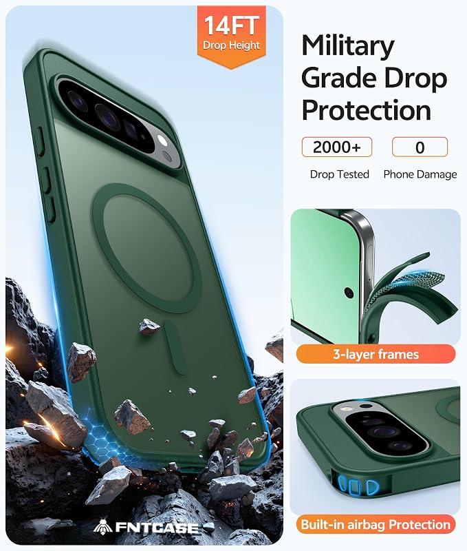 FNTCASE for Google Pixel 10 Pro Case: for Pixel 10 Case [Fit for Magsafe] Translucent Matte Cases with [Screen Protector] Military Grade Shockproof Protective Magnetic Phone Cover (6.3inch - Green)