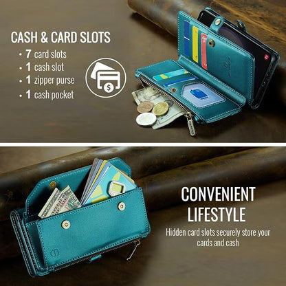 Strapurs Crossbody Wallet Case Compatible with Samsung Galaxy S22 5G RFID Blocking Card Holder Soft PU Leather Magnetic Snap Shoulder Strap Zipper Pocket Phone Case Fit for Galaxy S22 6.1" - BlueGreen