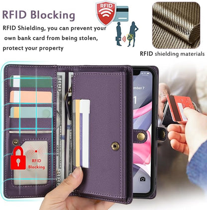 for Wallet Case Compatible with iPhone 11,Multi-Function Detachable 3 in 1 Magnetic iPhone 11 Case Wallet,Flip Strap Zipper Card Holder Phone Case with Shoulder Straps (Pruple)