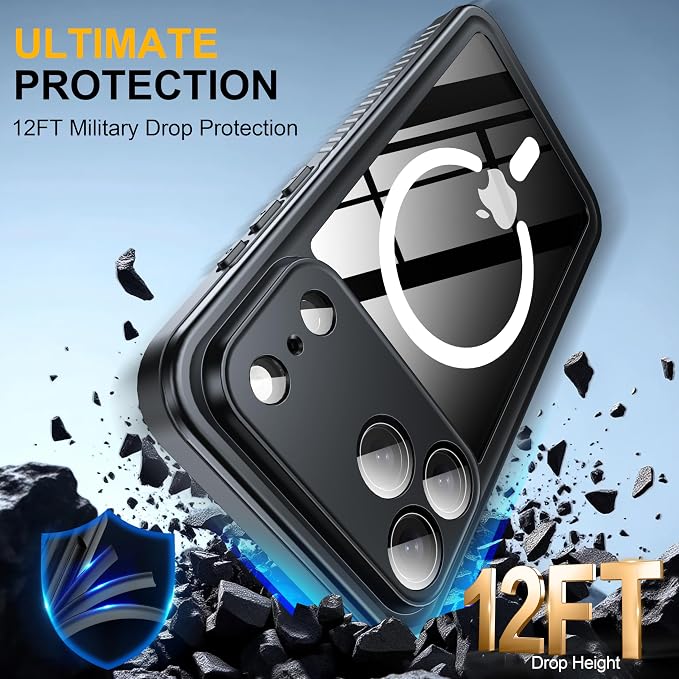 ANTSHARE for iPhone 17 Pro Max Case, Compatible with Magsafe, IP68 Waterproof Case, [Built-in Screen Protector] - 12 FT Military Dropproof - Full Body Heavy Duty Rugged Phone Cover - Black/Clear