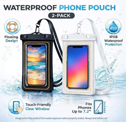 2-Pack IPX8 Floating Waterproof Phone Pouch, Dry Bag with Lanyard, Fits up to 7.2”, Compatible with iPhone 16/15/14/13 Pro Max, Galaxy S25/S24 Ultra, Pixel for Snorkeling, Kayaking(Black-White)