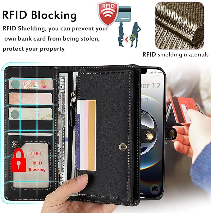 for Wallet Case Compatible with iPhone 16e / 17e ,Multi-Function Detachable 2 in 1 Magnetic iPhone 16e / 17e Case Wallet,Flip Strap Zipper Card Holder Phone Case with Shoulder Straps (Black)