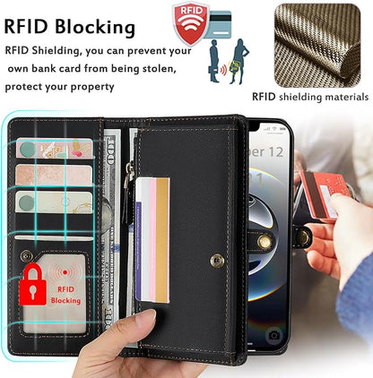 for Wallet Case Compatible with iPhone 16e / 17e ,Multi-Function Detachable 2 in 1 Magnetic iPhone 16e / 17e Case Wallet,Flip Strap Zipper Card Holder Phone Case with Shoulder Straps (Black)