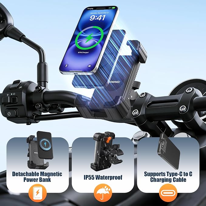 Phone Holder Bike Mount with Detachable Power Bank 5000 mAh– Fast Magnetic Wireless Charging for Strollers, Motorcycles, Gym Equipment, and More – Stable, Secure Design, Water-Resistant