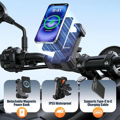 Phone Holder Bike Mount with Detachable Power Bank 5000 mAh– Fast Magnetic Wireless Charging for Strollers, Motorcycles, Gym Equipment, and More – Stable, Secure Design, Water-Resistant