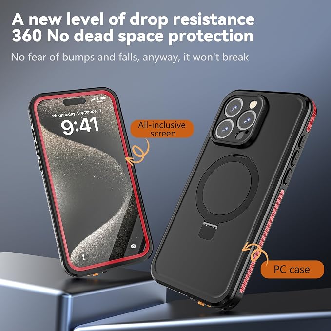 Omio for iPhone 15 Pro Max Waterproof Case with Stand Compatible with MagSafe, Full Body Magnetic IP68 Underwater Case Built-in Screen Protector Military Grade Shockproof Case for Men Women, Red