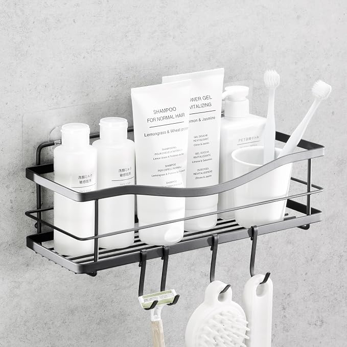 KINCMAX Premium Shower Caddy - Self Adhesive Shower Shelf with 4 Hooks - No Drill Large Capacity Stainless Steel Rack - Aesthetic Organizer for Bathroom Wall Decor - Matte Black