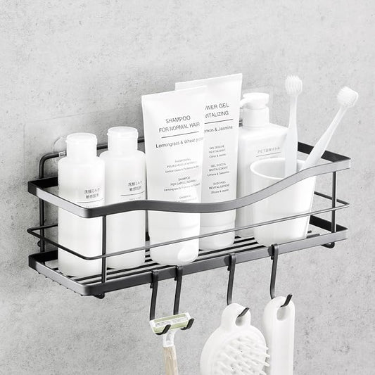 KINCMAX Premium Shower Caddy - Self Adhesive Shower Shelf with 4 Hooks - No Drill Large Capacity Stainless Steel Rack - Aesthetic Organizer for Bathroom Wall Decor - Matte Black