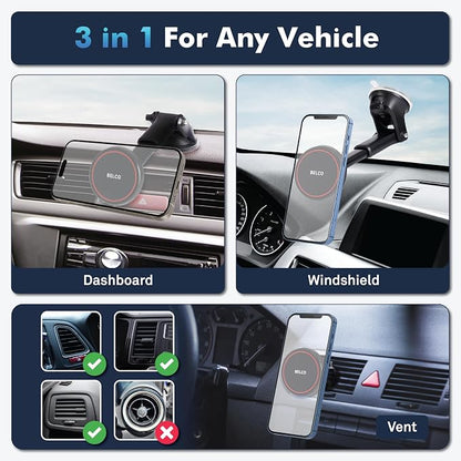 Magnetic Phone Holder for Car – Suction Cup Phone Mount with Adjustable Rotating Arm and Lock Mechanism for Dashboard, Windshield, Air Vent – Compatible with iPhone and Android