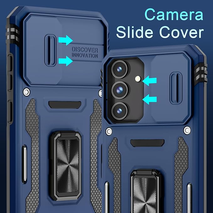 DEERLAMN Case for Samsung Galaxy S24 FE 6.7-Inch with Slide Camera Cover+Screen Protector(1 Pack), Rotated Ring Kickstand Military Grade Shockproof Protective Cover-Navy Blue