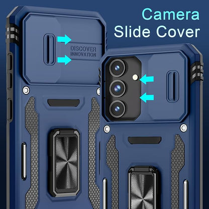 DEERLAMN Case for Samsung Galaxy S25 6.2-Inch with Slide Camera Cover+Screen Protector (1 Pack), Rotated Ring Kickstand Military Grade Shockproof Protective Cover-Navy Blue