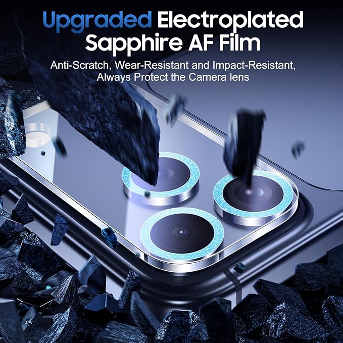 UniqueMe Compatible for 3 Pack iPhone 17 Pro Max Camera Lens Protector - [Drop Protection] [Case Friendly] 9H Tempered Glass Camera Cover Screen [Update New Version] - Glitter Blue