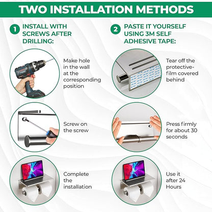 Toilet Paper Holder - Aluminium Double Roll Toilet Tissue Holder with Mobile Phone Shelf for Bathroom, 3M Self Adhesive No Drilling or Wall-Mounted, Rustproof Modern Style Brushed Nickel