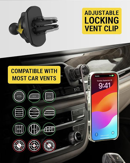 Scosche Qi2 MagSafe Car Mount Charger, 15W Wireless Magnetic Phone Holder for Car Dash, Vent & Tesla Display, Secure Grip, 4ft Cable, Fast Charging Compatible with MagSafe iPhone & Samsung Galaxy S25