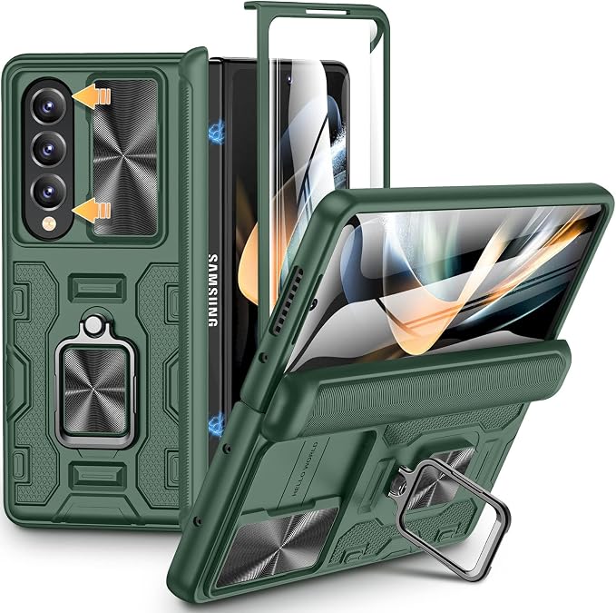 VEGO Case for Galaxy Z Fold 4 with Built-in Front Screen Protector | Samsung Z Fold 4 Case with Slide Camera Cover 360°Ring Kickstand Hinge Protection Cover for Samsung Galaxy Z Fold 4 5G- Pine