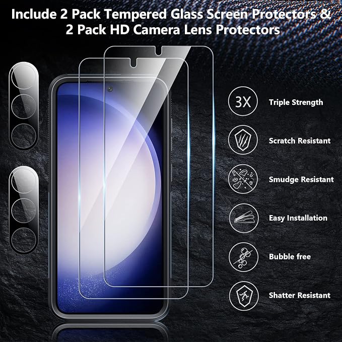 SPIDERCASE Designed for Samsung Galaxy S23 Case, [10 FT Military Grade Drop Protection], 2 Pack [Tempered Glass Screen Protector+Camera Lens Protector] Heavy Duty Shockproof Case, Deep Blue