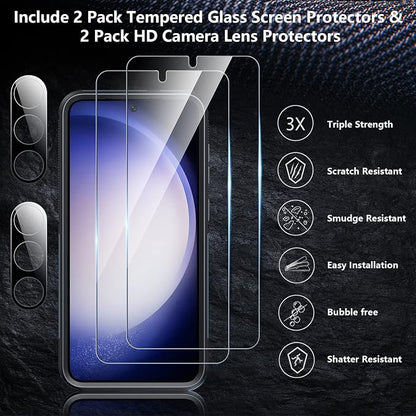 SPIDERCASE Designed for Samsung Galaxy S23 Case, [10 FT Military Grade Drop Protection], 2 Pack [Tempered Glass Screen Protector+Camera Lens Protector] Heavy Duty Shockproof Case, Deep Blue