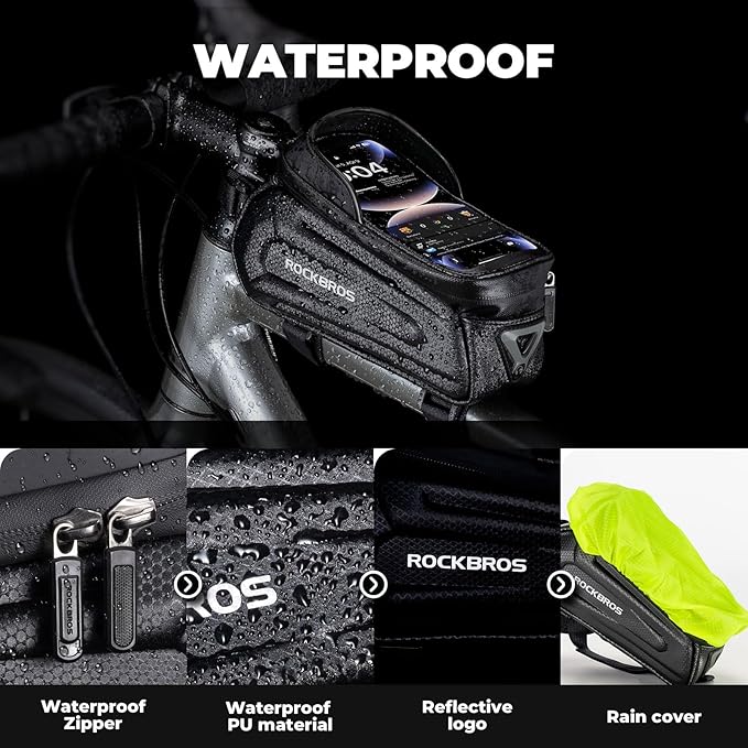 ROCKBROS Bike Phone Mount Racks & Bag, EVA Waterproof Bike Phone Holder Top Tube Front Frame Bag Bicycle Accessories Pouch for Phones Under 6.3” (Black-1.3L)