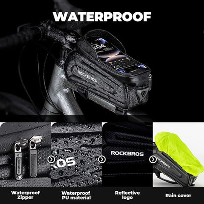 ROCKBROS Bike Phone Mount Racks & Bag, EVA Waterproof Bike Phone Holder Top Tube Front Frame Bag Bicycle Accessories Pouch for Phones Under 6.3” (Black-1.3L)
