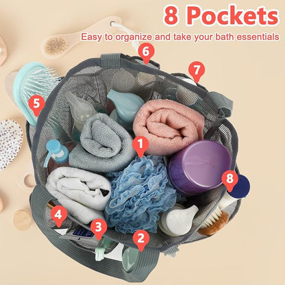 Fammart Mesh Shower Caddy Portable for College Dorm Room Essentials, 8-Pocket Large Shower Basket Tote Bag with 2 Handles for Toiletry, Bathroom, Beach, Camp, Gym