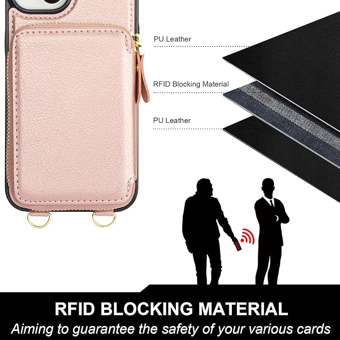 Bocasal for MagSafe Crossbody Wallet Case Compatible with iPhone 14 iPhone 13, RFID Blocking Protective Purse Case with Card Slots Holder Kickstand Wrist Strap Lanyard Zipper 6.1 Inch 5G (Rose Gold)
