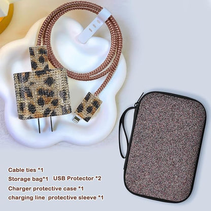 Glitter Phone Charger Case Storage Sets Wire Saver Cable Protector with Brown Travel Storage Bag, Luxury Bling Cable Charger Protector Cord Organizer for iPhone (Leopard)