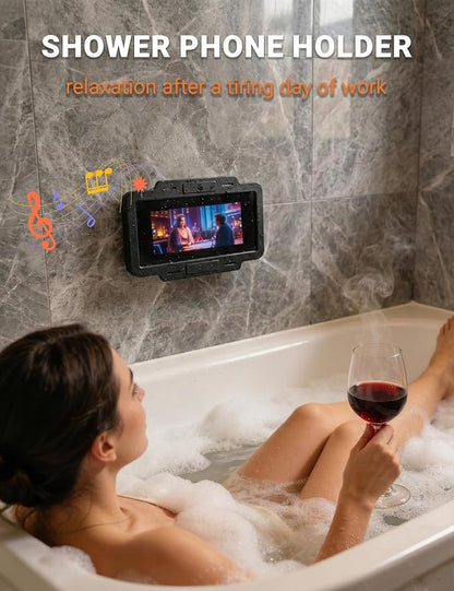 Shower Phone Holder Waterproof 360° Adjustable Rotating, Anti-Fog Touch Screen Wall Mount Phone Stand for Bathroom Mirror Bathtub Kitchen, Fits iPhone 17 16 15 Pro Max for 4-7" Cellphones Black