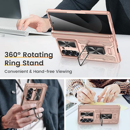 VEGO for Galaxy Z Fold 6 Case with Stand Full-Body Protective | Built-in Screen Protector [Anti-Peeping] & Slide Lens Cover & Hinge Protection & Stand Phone Case for Z Fold 6 2024-Rose Gold