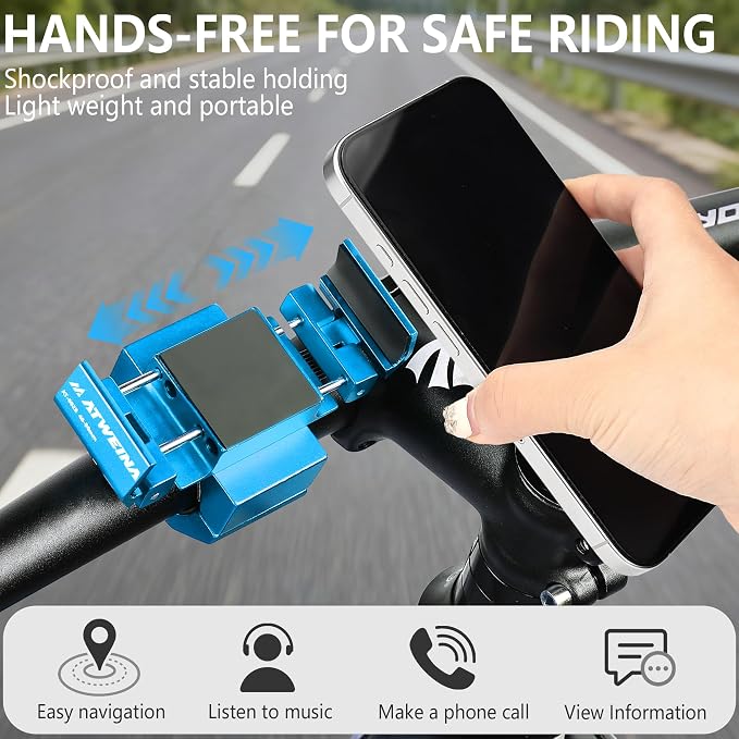 Bike Phone Holder, Motorcycle Phone Mount, Aluminum Alloy Bicycle Handlebar Cell Phone Stand, 360°Rotate Ebike Scooter Phone Clamp Clip, Suitable for 4.5-7.0" Smartphones (Blue)