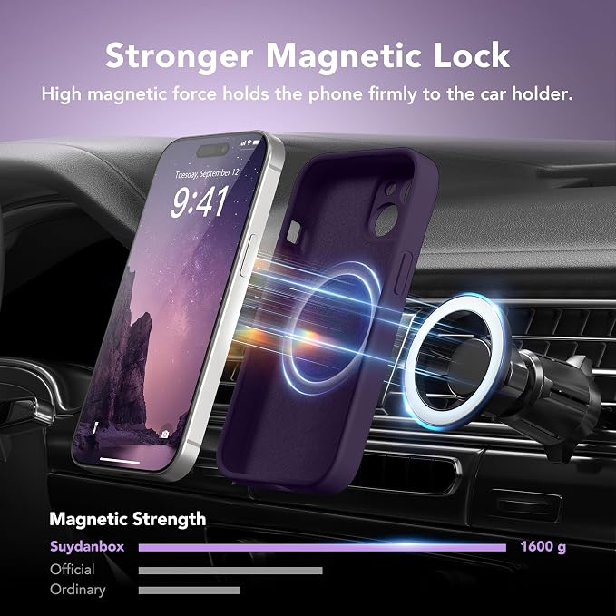 Magnetic for iPhone 15 Case, Compatible with MagSafe, [Screen Protector + Full Camera Protection], Silicone Shockproof Anti-Scratch Protective Phone Case for iPhone 15 6.1", Deep Purple