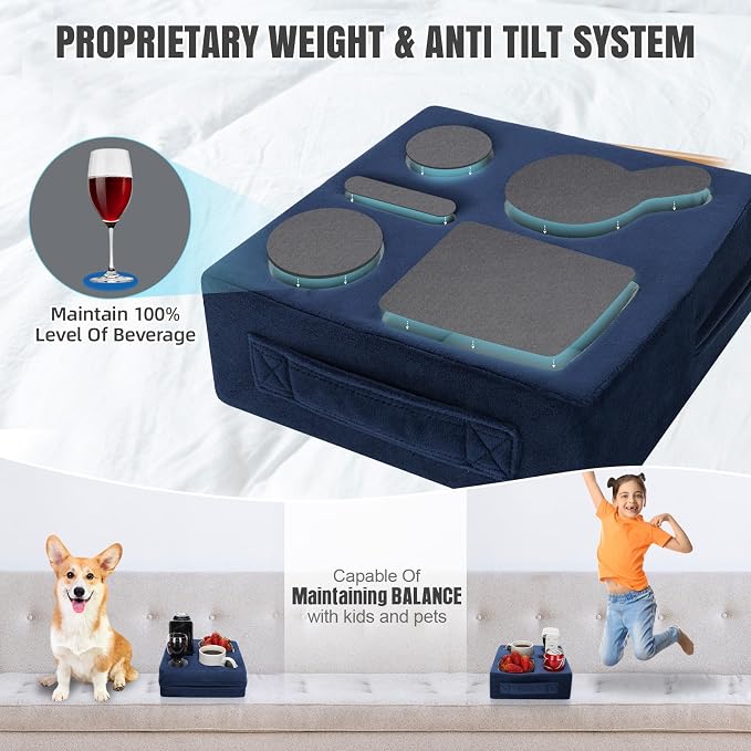 STBoo Couch Cup Holder Pillow - Sofa Drink Cup Holder Cozy Buddy | Bed Caddy Organizer Holds Remote, Snacks, Phones | Waterproof Anti-Spill Sofa Beverage Tray for Car, Pack, Beach, RV, Boat (Navy)