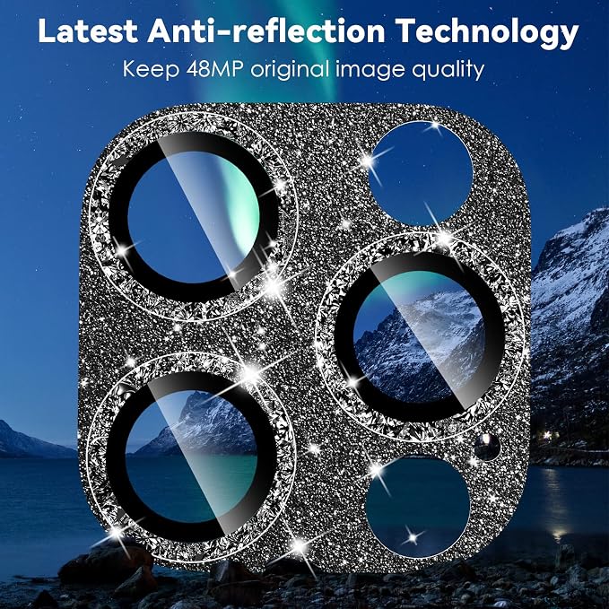 CloudValley for iPhone 14 Pro/iPhone 14 Pro Max Glitter Camera Lens Protector, 9H Tempered Glass [All in 1 Design], Case Friendly Anti-Scatch High Definition, GlitterBlack