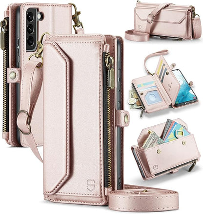 Strapurs Crossbody Wallet Case Compatible with Samsung Galaxy S22 5G RFID Blocking Card Holder Soft PU Leather Magnetic Snap Shoulder Strap Zipper Pocket Phone Case Fit for Galaxy S22 6.1" - Rose Gold
