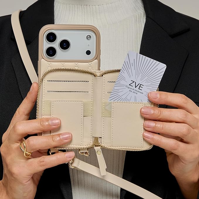 ZVE for iPhone 17 Pro Max Case Wallet with Card Holder, 360° Rotation Ring Stand Crossbody Wallet Cover 6.9 Inch-Beige