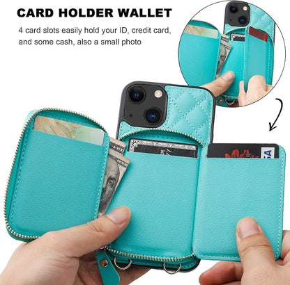 Bocasal Crossbody Wallet Case for iPhone 13, RFID Blocking PU Leather Zipper Handbag Purse Flip Cover, Kickstand Folio Case with Card Slots Holder Wrist Strap Lanyard 5G 6.1 Inch (Mint Green)