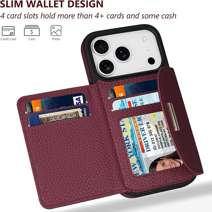 Keallce Wallet Case for iPhone 17 Pro 6.3'', Flip Case with RFID Blocking Card Holder Slots Kickstand, PU Leather Protective Folio Cover for Women, Red