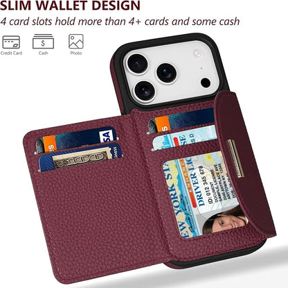 Keallce Wallet Case for iPhone 17 Pro 6.3'', Flip Case with RFID Blocking Card Holder Slots Kickstand, PU Leather Protective Folio Cover for Women, Red