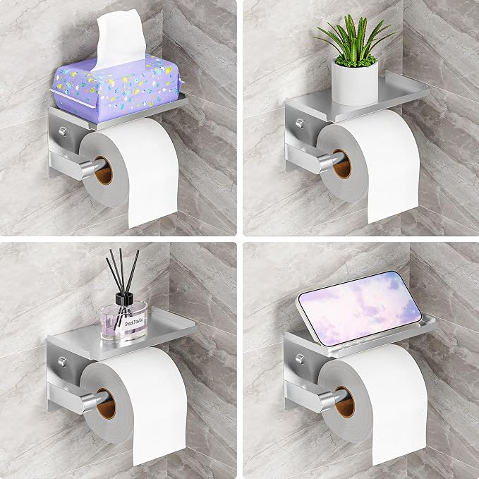 Matte Silver Toilet Paper Holder with Shelf, Wall Mount, Rustproof Stainless Steel, Fits Double Rolls, No-Drill Adhesive or Screw Mount for Bathroom, Kitchen, RV