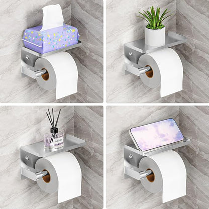 Matte Silver Toilet Paper Holder with Shelf, Wall Mount, Rustproof Stainless Steel, Fits Double Rolls, No-Drill Adhesive or Screw Mount for Bathroom, Kitchen, RV