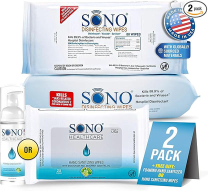 SONO Disinfecting Wipes - 160 Count (Pack of 2) + Sanitizer, Medical-Grade, Alcohol-Free, No Bleach, Gentle & Effective Multi-Surface Cleaning Solution, Larger Sheets 80 count packs